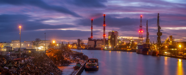 Panorama of industrial areas: port, power plant, shipyard