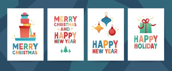 Design greeting card for Merry Christmas. Collection postcard for New Year holiday with gift box,present, garland nad Christmas wreath. Set template invitation with xmas illustration. Vector.