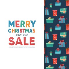 Template design banner for christmas offer. New year layout with decor letters for holiday winter season sale. Happy holiday background with gift pattern. Vector