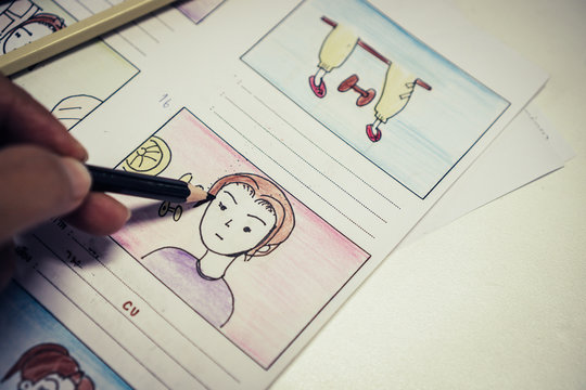Creator  Storyboard or storytelling drawing creative for movie process pre-production media films script for video editors, development cartoon illustration animation for production shooting