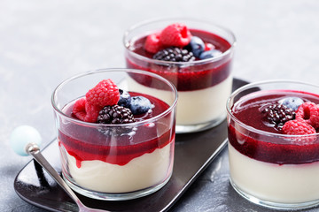 Delicious italian dessert panna cotta with berry sauce, fresh berries and mint on gray background....