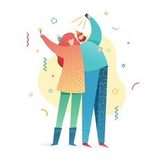 Design happy new year illustration young couple taking  selfie. Cute flat family character for christmas holiday banner in modern style.  Happy holiday poster with friends on party. Vector.