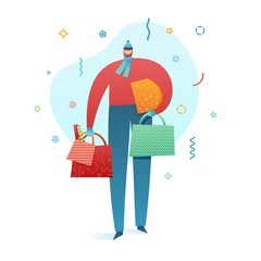 Design happy new year illustration young man buys gifts. Winter outdoors. Cute flat male character in a modern style in scarf  with present and shopping bag. Happy holiday shopping banner. Vector. 