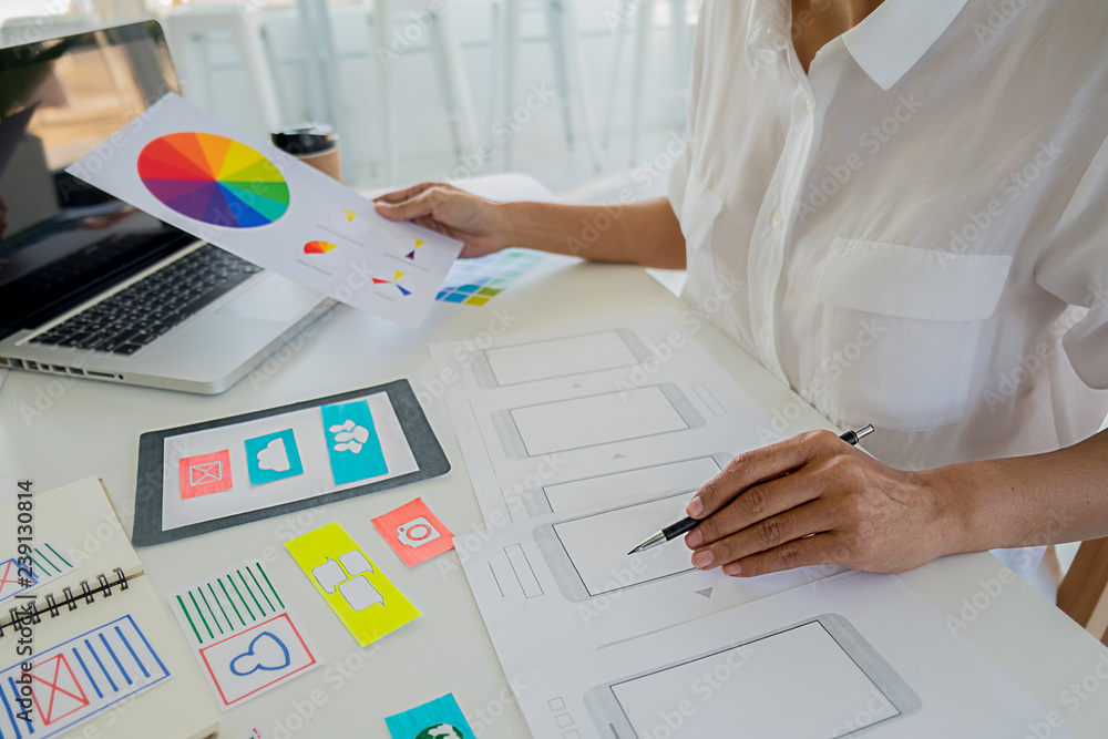 Wall mural creative web designer planning application and developing template layout, framework for mobile phon