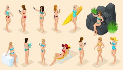 Isometric cartoon people, 3D girl, bright set of beautiful girls in colored swimsuits on the beach excellent summer vector illustration