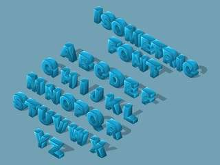 Isometric cartoon font, 3D letters, bright large set of blue letters of the English alphabet to create vector illustrations