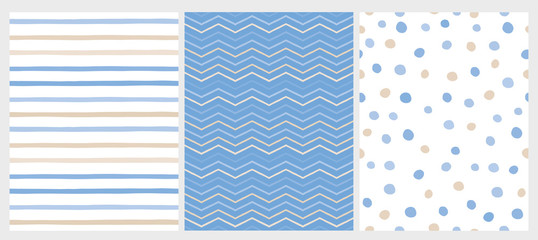 Set of 3 Varius Abstract Vector Patterns. Beige and Blue Round Shape Falling Confetti. Blue and White Background. Blue and Beige Dots, Stripes and Chevron Design. Cute Infantile Style Art.
