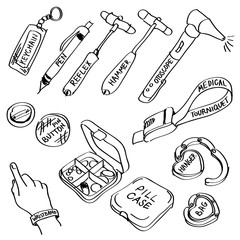 Set of hand drawn medical supplies doodles isolated on a white background.