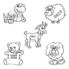 Set of hand drawn soft toy doodles isolated on a white background.