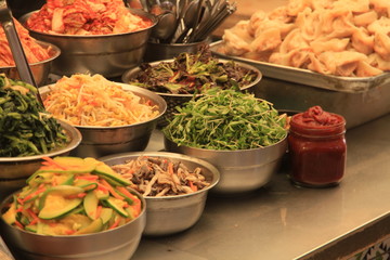 Korean Street Food inside Gwangjang Market in Seoul, South Korea