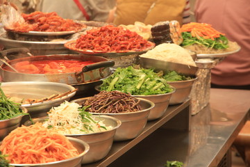 Korean Street Food inside Gwangjang Market in Seoul, South Korea