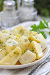 Boiled potatoes with greens and oil