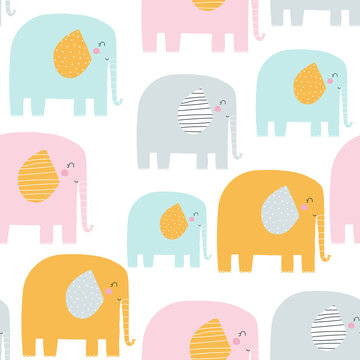 Seamless pattern with cute pastel elephants. Vector hand drawn illustration.