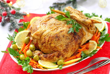 Celebratory food. Baked chicken stuffed with ham and mushrums for festive dinner