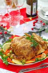 Celebratory food. Baked chicken stuffed with ham and mushrums for festive dinner