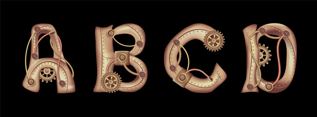 Symbols of the Latin alphabet A B C D. The letters of the English language. Copper and brass steampunk mechanisms with tubes, gears and rivets. Freely editable isolated on black background.