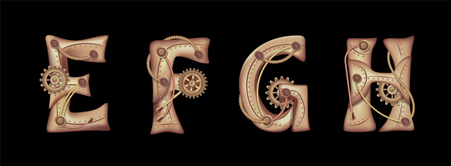 Symbols of the Latin alphabet E F G H. The letters of the English language. Copper and brass steampunk mechanisms with tubes, gears and rivets. Freely editable isolated on black background.
