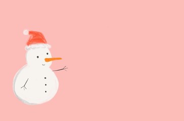 Cute hand draw snowman was decorated with carrot and Christmas hat