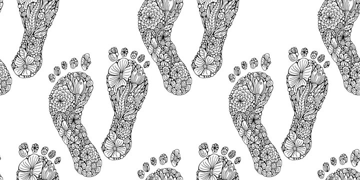 Seamless pattern with Human footprint in doodle style. Coloring book page. Footstep with different little flowers. Black and white foot. Vector.