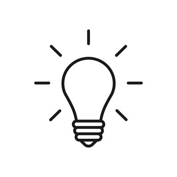 Black isolated outline icon of light bulb on white background. Line Icon illuminated lamp. Symbol of idea, creative.