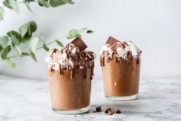 Homemade Dark Chocolate Mousse with Chocolate Crumbs and marshmallows.