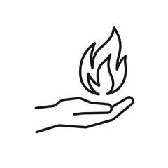 Black isolated outline icon of flame in hand on white background. Line icon of fire and hand. Symbol of healing.