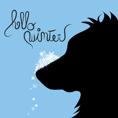 Vector silhouette of dog with snowflakes and text hello winter.