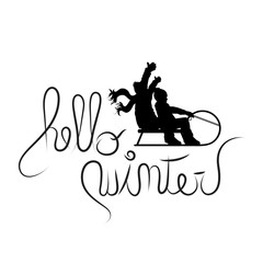 Obraz premium Vector illustration of text hello winter with boys on sledge.