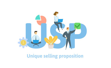 USP, unique selling proposition. Concept with keywords, letters, and icons. Colored flat vector illustration. Isolated on white background.