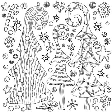 Set of Christmas hand-drawn decorative elements in vector. Christmas trees, balls, stars. Pattern for coloring book. Black and white. Zentangle.