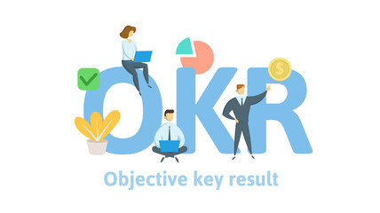 OKR, objectives and key results. Concept with keywords, letters, and icons. Colored flat vector illustration. Isolated on white background.