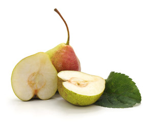 Green pear with leaf.