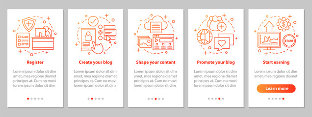 Blogging onboarding mobile app page screen with linear concepts