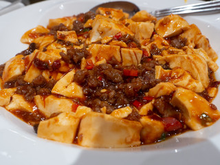 Braised Spicy Bean Curd with Minced Beef in Sichuan Style in Hong Kong restaurant popular menu.people like to order