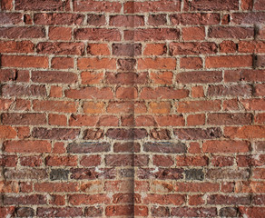 Fototapeta premium Brick Wall Old Weathered Red Stone Texture Background in Shape of Open Book Pages. Grunge Abstract Brick Stones Pattern, Dirty Weathered Rough Wall Front Background and Brickwall Material Surface 