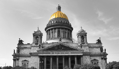 Fototapeta na wymiar Saint Isaac's Cathedral Image with Isolated Golden Dome Part Color Effect in St. Petersburg, Russia. Historic Colored Creative Church Architecture View Outdoors, Isaakievskiy Sobor View on Summer Day
