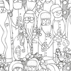 Seamless pattern with Santa and snowmen. Winter, snow, sled, snow, trees, hats, buttons. Merry Christmas, Happy New Year. Pattern for coloring book. Black and white.