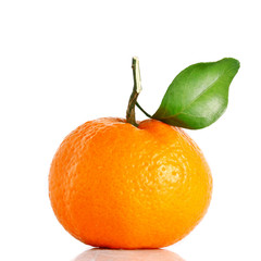 mandarin orange isolated. Tangerine or clementine with green leaf isolated on white background