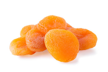 Dry apricots fruit isolated on white background close up. Angle view