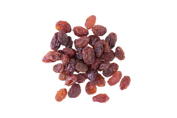 Dried black raisins on white. Fruit background. Top view
