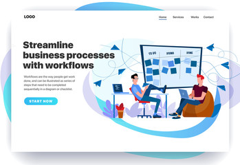 Web page design templates for streamline business processes with workflows, CRM, Kanban, setting goals. Two engineers perform tasks. Modern vector illustration concepts for website and mobile website