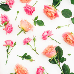 Floral pattern of roses flowers isolated on white background. Valentines day. Flat lay, top view.