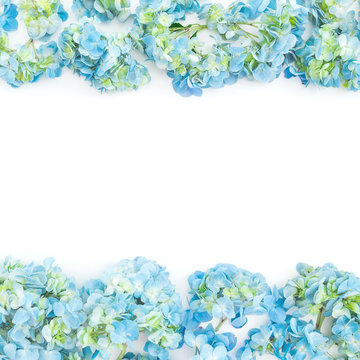 Floral frame of blue flowers on white background. Flat lay, top view. Floral background