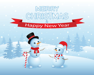 two snowmen on winter background and ice text 