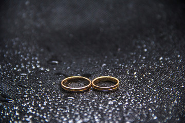 Obraz na płótnie Canvas two wedding rings on a black background with water