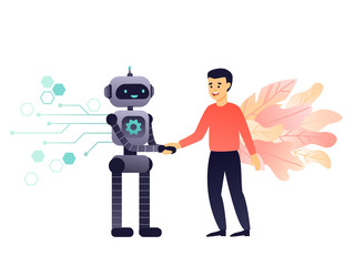 Robot and man make agreement by handshake. Industry 4.0 and artificial intelligence. Machine learning. Flat vector concept illustration in living coral palette
