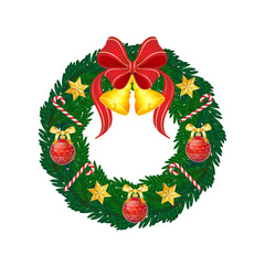 Christmas wreath of fir branches with bells, stars, and decorations. Without a background, isolated. Clip art