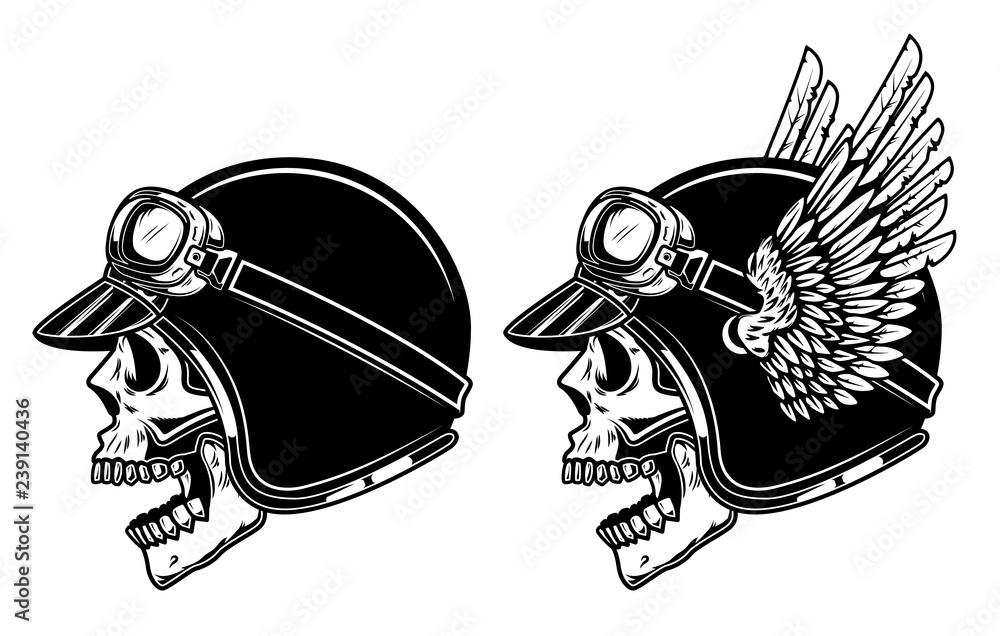 Poster biker skull in winged racer helmet. design element for logo, label, emblem, sign, poster, t shirt, b