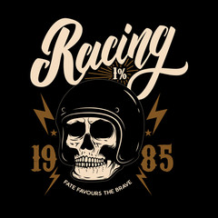 Racing. Emblem template with biker skull. Design element for poster, t shirt, sign, label, logo.