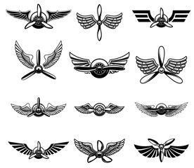 Set of vintage airplane show emblems. Design elements for logo, label, sign, menu.